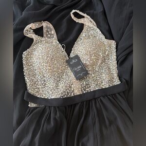 Elegant Black and Cream Sequin Dress by White Soieblu size M